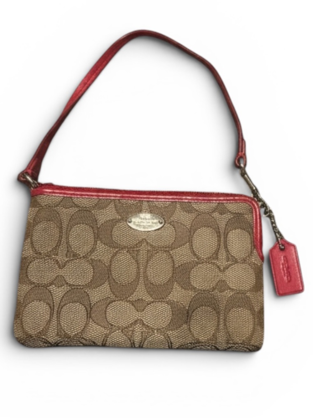 Vintage Y2K Coach Tan Signature Canvas Wristlet with Red Leather Trim